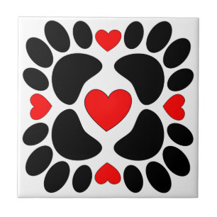 Dog Paw Prints And Red Hearts Pattern Ceramic Tile