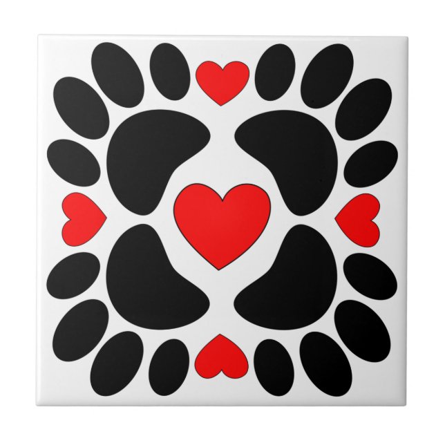 Dog Paw Prints And Red Hearts Pattern Ceramic Tile (Front)