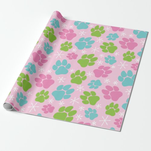Dog Paw Prints and Snowflakes Pink Christmas Wrapping Paper