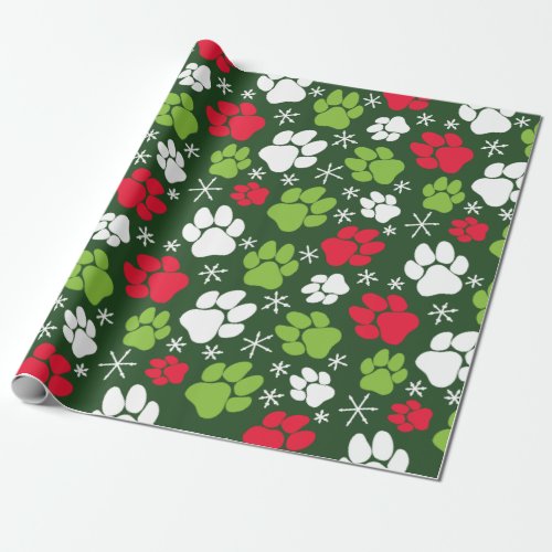 Dog Paw Prints and Snowflakes Red Green Christmas Wrapping Paper