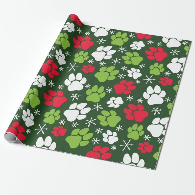 Dog Paw Prints and Snowflakes Red Green Christmas Wrapping Paper (Unrolled)