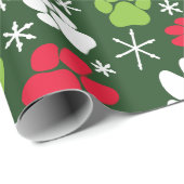 Dog Paw Prints and Snowflakes Red Green Christmas Wrapping Paper (Roll Corner)