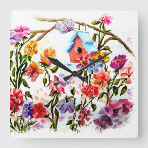 DOG PAW PRINTS BIRD HOUSE SQUARE WALL CLOCK