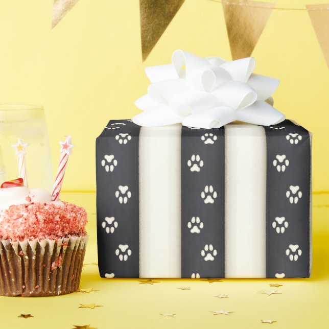 Dog Paw Prints Black & Antique White Pet Lover's Wrapping Paper (Birthday Party)