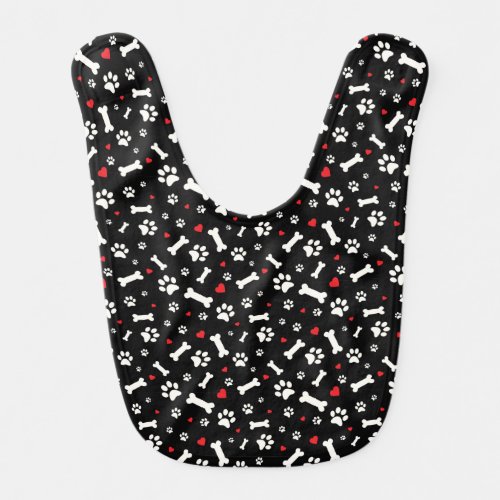 Dog Paw Prints, Bones and Hearts Black Baby Bib