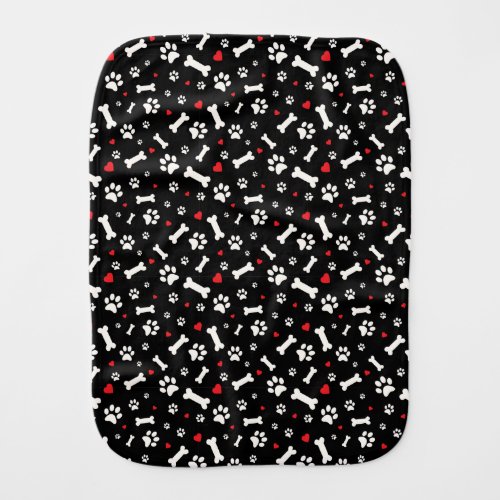 Dog Paw Prints, Bones and Hearts Black Baby Burp Cloth