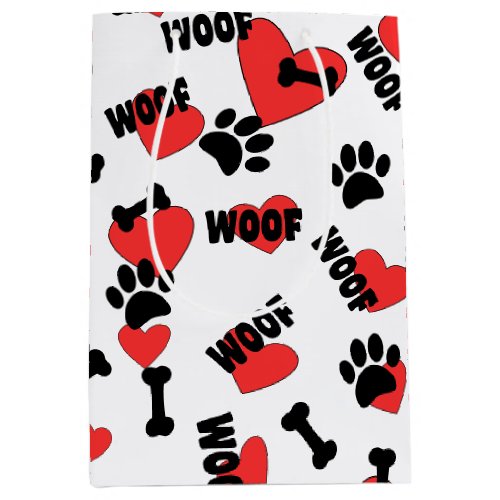 Dog Paw Prints Bones Heart And Woofs Pattern Medium Gift Bag