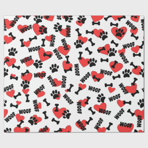 Dog Paw Prints Bones Heart And Woofs Pattern Wrapping Paper