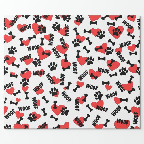 Dog Paw Prints Bones Heart And Woofs Pattern Wrapping Paper