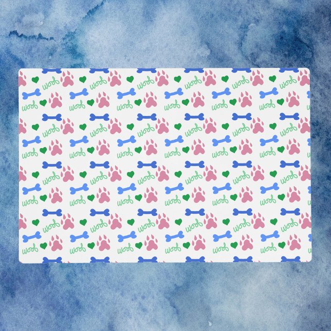Dog Paw Prints Bones Hearts Woof Pattern Pink Blue Placemat (A pet mat with a pattern of dog paws, dog bones, hearts and woof in pink, green and blue!)