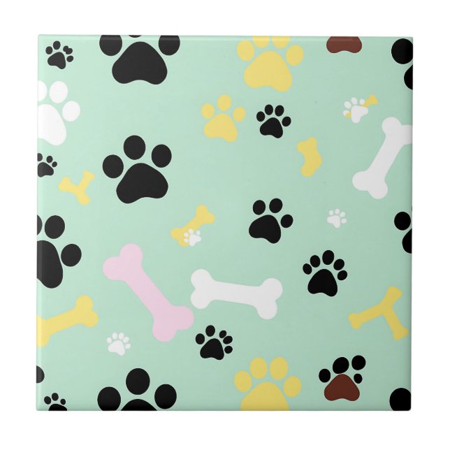 Dog Paw Prints Bones Pattern Ceramic Tile (Front)