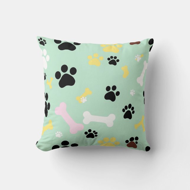 Dog Paw Prints Bones Pattern Throw Pillow (Front)