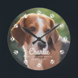Dog Paw Prints Custom Photo Round Clock<br><div class="desc">Dogs leave paw prints in your heart. 
Display your favorite best friend's photo with this beautiful personalized clock design.</div>