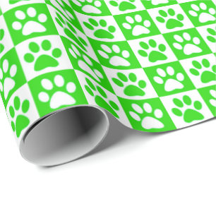 Dog Paw Prints green and white Wrapping Paper