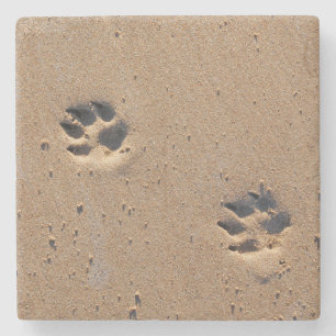 Dog paw prints on a sandy beach stone coaster