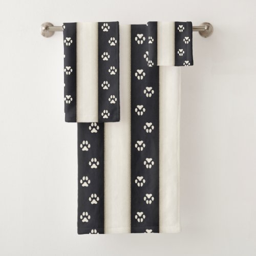 Dog Paw Prints on Black  Antique White Stripes Bath Towel Set