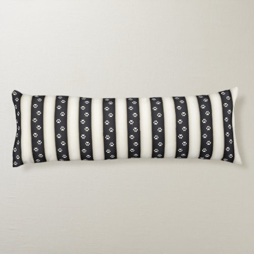 Dog Paw Prints on Black  Antique White Stripes Body Pillow