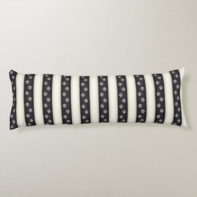 Dog Paw Prints on Black & Antique White Stripes Body Pillow (Back)