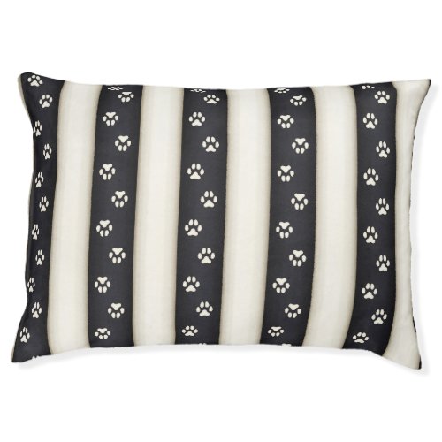 Dog Paw Prints on Black  Antique White Stripes Pet Bed