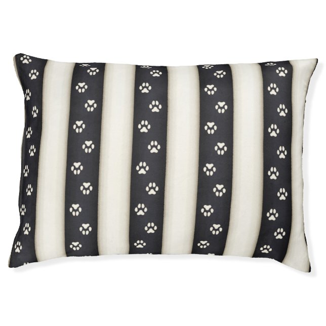 Dog Paw Prints on Black & Antique White Stripes Pet Bed (Front)