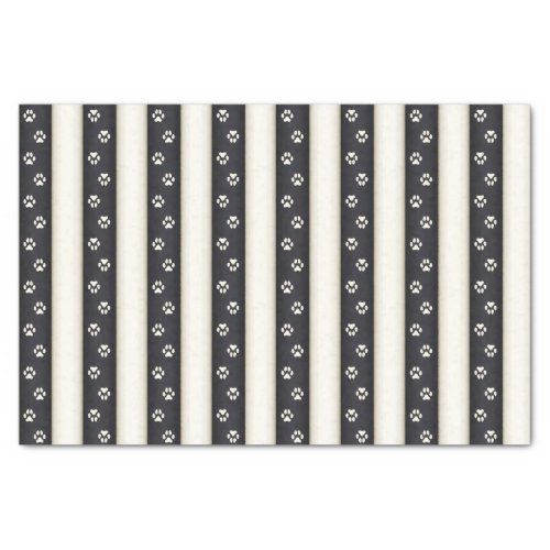 Dog Paw Prints on Black  Antique White Stripes Tissue Paper