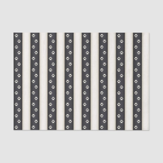 Dog Paw Prints on Black & Antique White Stripes Tissue Paper (Front)