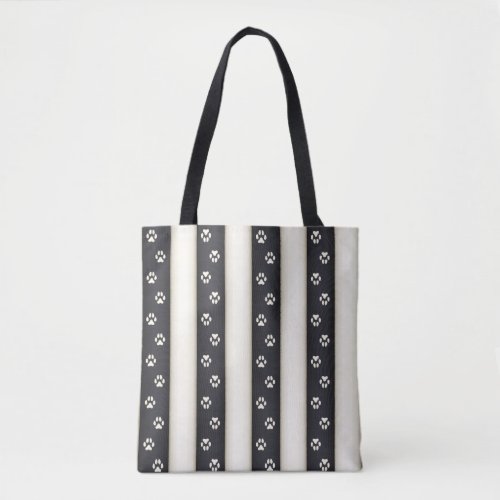 Dog Paw Prints on Black  Antique White Stripes Tote Bag