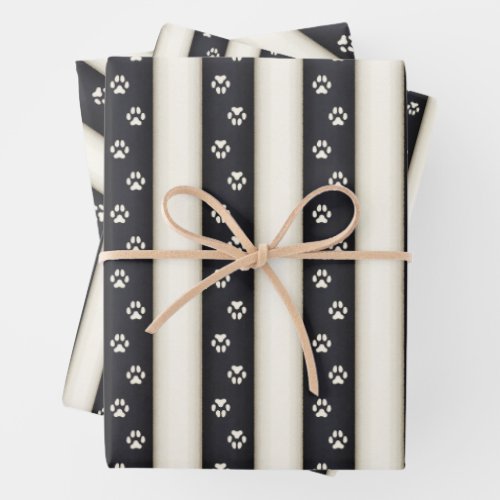 Dog Paw Prints on Black  Antique White Stripes Wrapping Paper Sheets