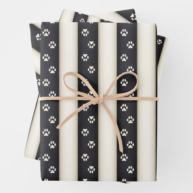 Dog Paw Prints on Black & Antique White Stripes Wrapping Paper Sheets (In situ)
