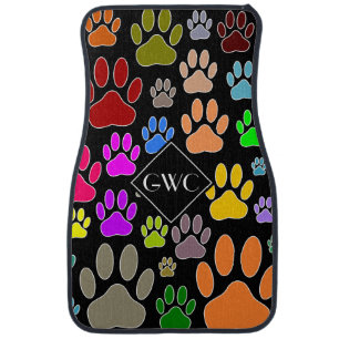 Dog Paw Prints On Black Background Custom Monogram Car Floor Mat