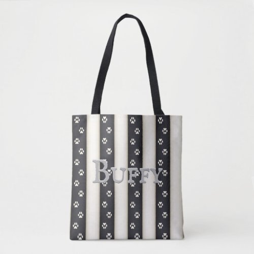 Dog Paw Prints on Black  White Stripes Custom Tote Bag