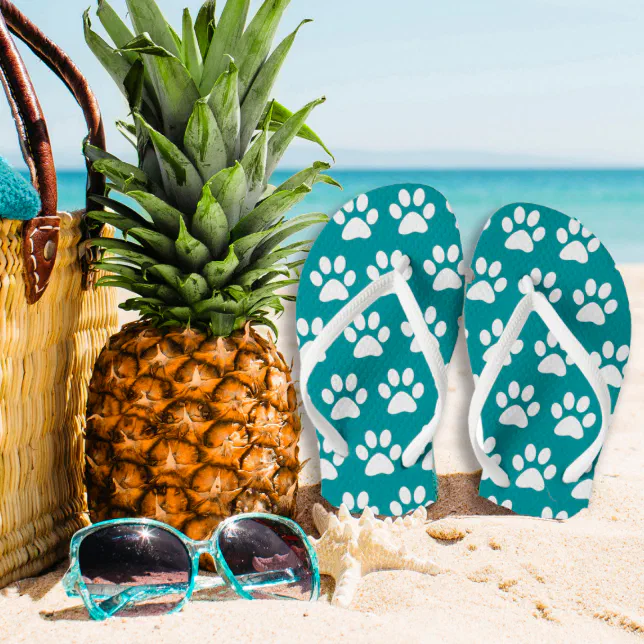 Dog Paw Prints On Blue, Green Turquoise Flip Flops Zazzle