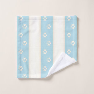Dog Paw Prints on Pale Blue & Antique White Stripe Bath Towel Set