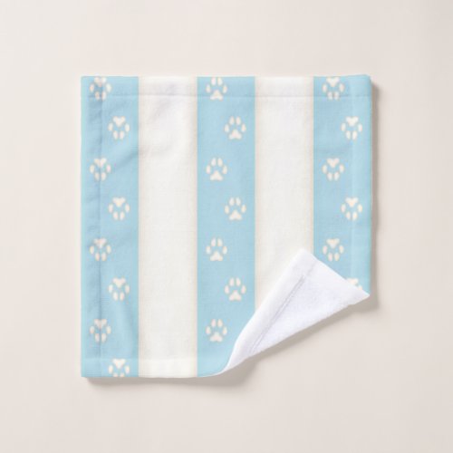 Dog Paw Prints on Pale Blue  Antique White Stripe Bath Towel Set