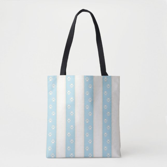 Dog Paw Prints on Pale Blue & Antique White Stripe Tote Bag (Front)