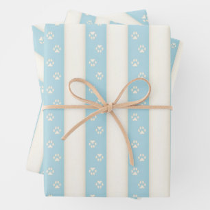 Dog Paw Prints on Pale Blue & Antique White Wrapping Paper Sheets