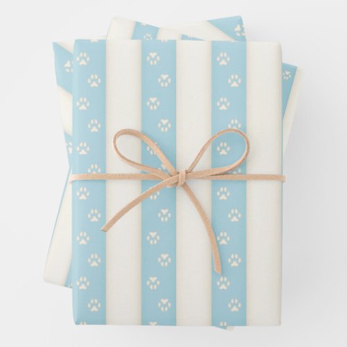 Dog Paw Prints on Pale Blue  Antique White Wrapping Paper Sheets