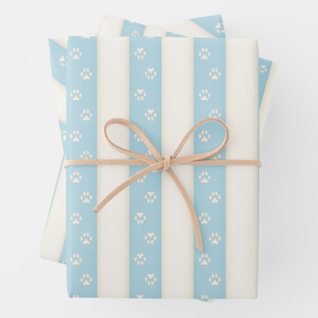 Dog Paw Prints on Pale Blue & Antique White Wrapping Paper Sheets (In situ)