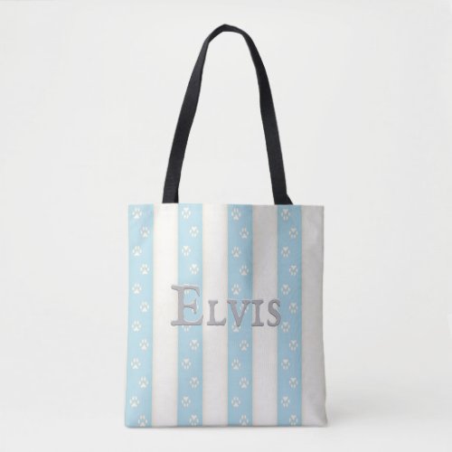 Dog Paw Prints on Pale Blue  White Stripes Custom Tote Bag