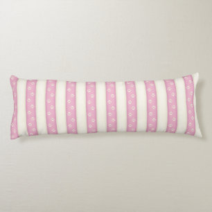 Dog Paw Prints on Pink & Antique White Stripes Body Pillow
