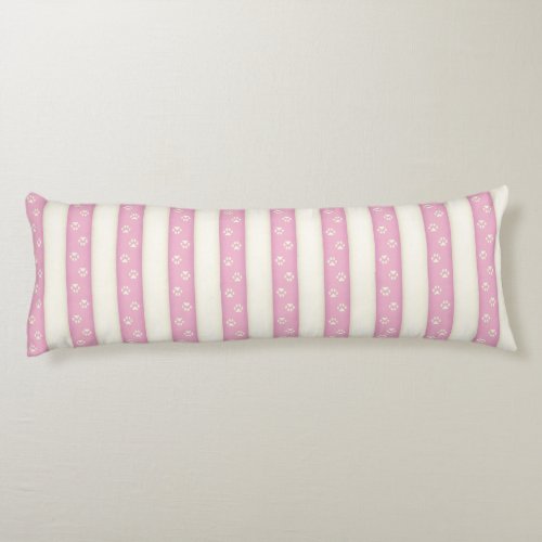 Dog Paw Prints on Pink  Antique White Stripes Body Pillow