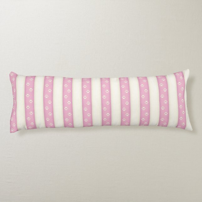 Dog Paw Prints on Pink & Antique White Stripes Body Pillow (Back)
