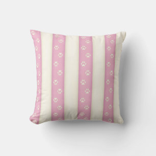 Dog Paw Prints on Pink & Antique White Stripes Throw Pillow