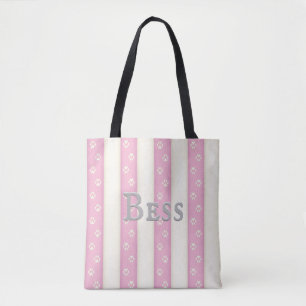 Dog Paw Prints on Pink & White Stripes Customized Tote Bag