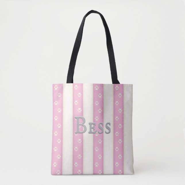 Dog Paw Prints on Pink & White Stripes Customized Tote Bag (Front)