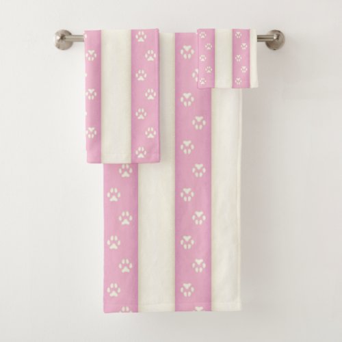 Dog Paw Prints on Pink  White Stripes Pretty Gift Bath Towel Set