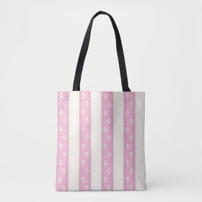 Dog Paw Prints on Pink & White Stripes Pretty Gift Tote Bag (Front)