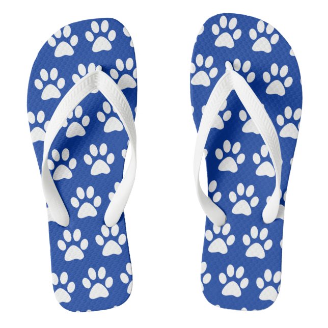 Dog Paw Prints On Royal Blue Flip Flops (Footbed)