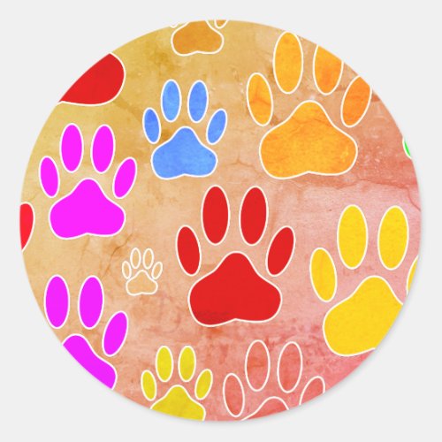 Dog Paw Prints On Vintage Background Classic Round Sticker