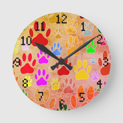 Dog Paw Prints On Vintage Background Round Clock